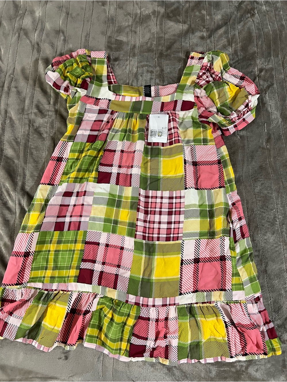 a Forever 21 Patchwork Plaid Puff-Sleeve Mini Dress